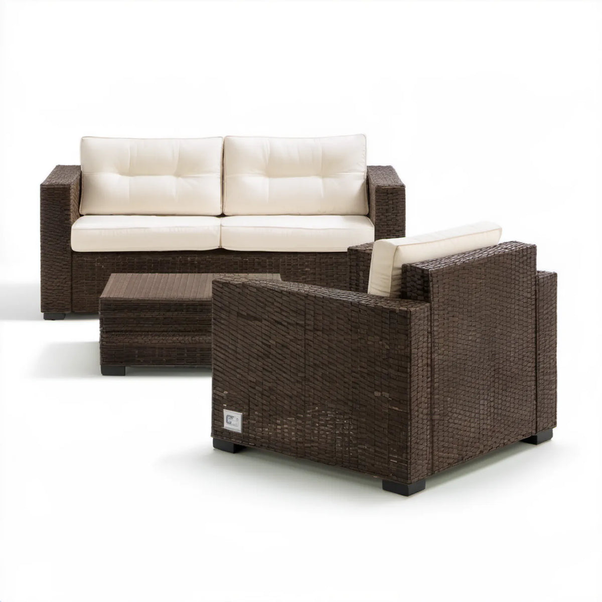 Komplet wypoczynkowy z technorattanu brązowy/kremowy/czarny – sofa 130 x 70 x 75 cm, fotel i stolik