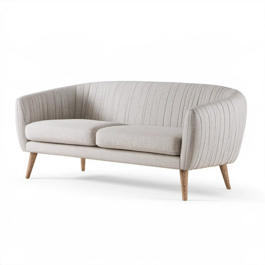 Zaokrąglona sofa dwuosobowa beżowa z naturalnymi brązowymi nogami, 160 x 85 x 80 cm