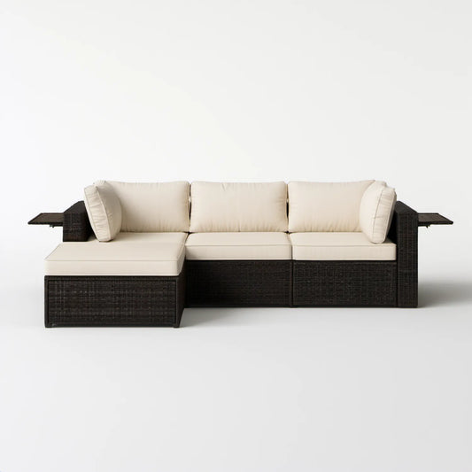 3-osobowa narożna sofa ogrodowa z technorattanu, czarna/kremowa, 210 x 140 x 72 cm