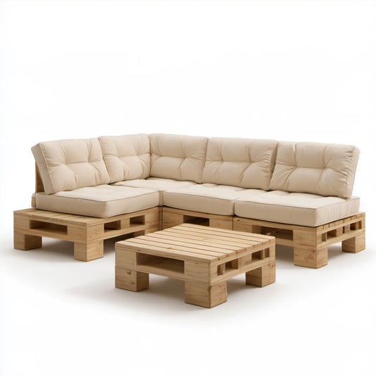 Ogrodowy narożnik z litego drewna sosnowego z beżowymi poduszkami 210 × 210 × 75 cm ze stolikiem 100 × 60 × 40 cm