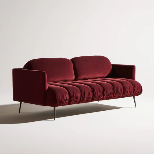 Trzyosobowa sofa z bordowego aksamitu z czarnymi nogami, 220 x 95 x 78 cm