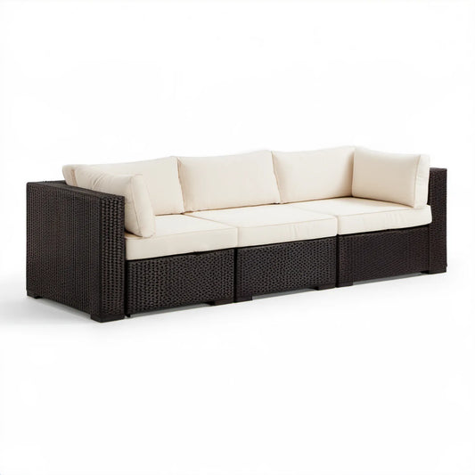 3-osobowa sofa ogrodowa z technorattanu PE, ciemnobrązowa z kremowymi poduszkami, 210 × 75 × 65 cm