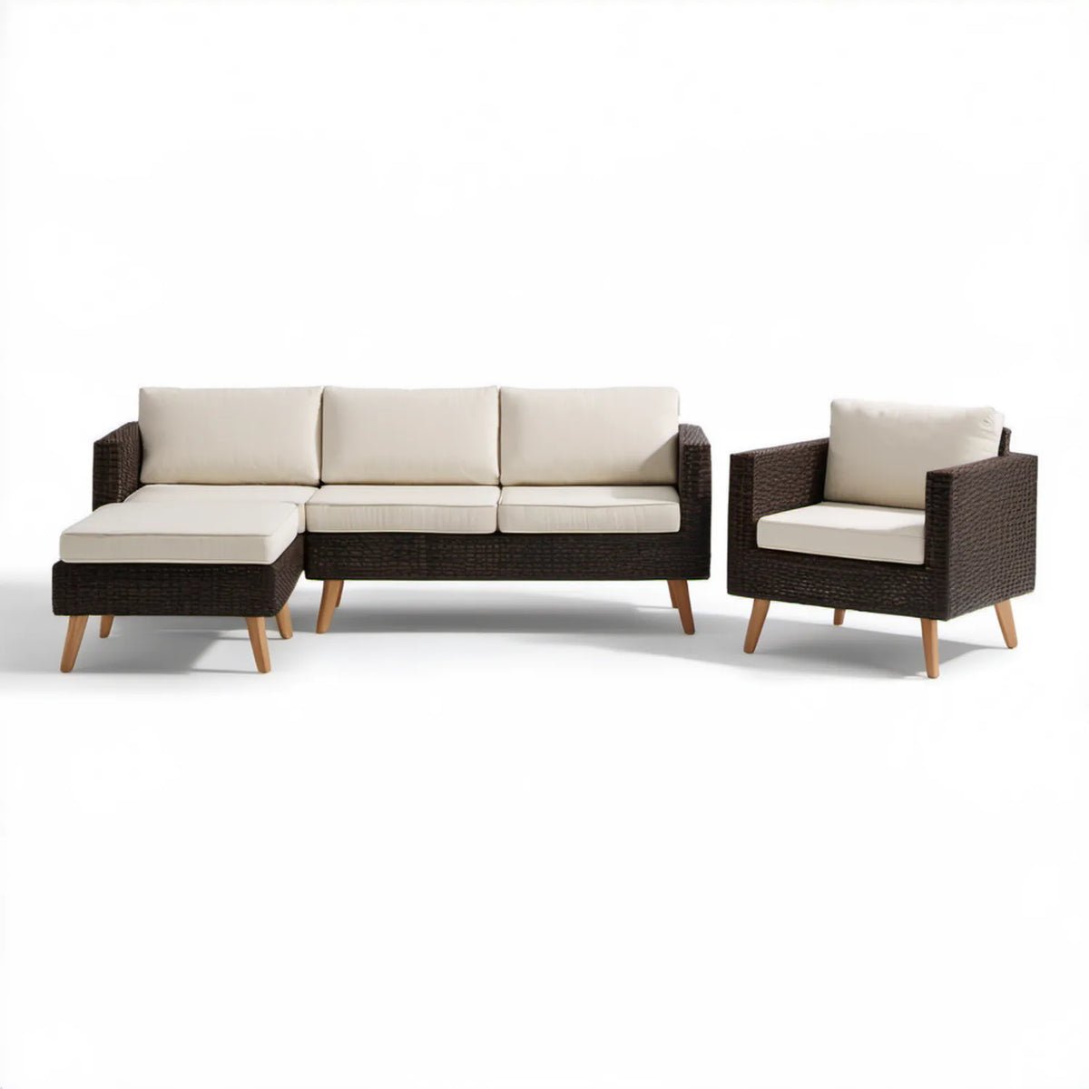 4-częściowy zestaw wypoczynkowy z technorattanu PE, ciemnobrązowy/kremowy, sofa 3-osobowa 180 x 70 x 73 cm