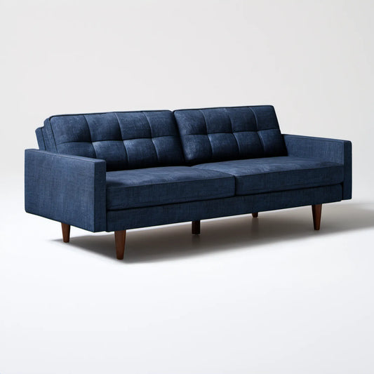 Trzyosobowa sofa tapicerowana granatowa z brązowymi nogami 220 x 90 x 85 cm