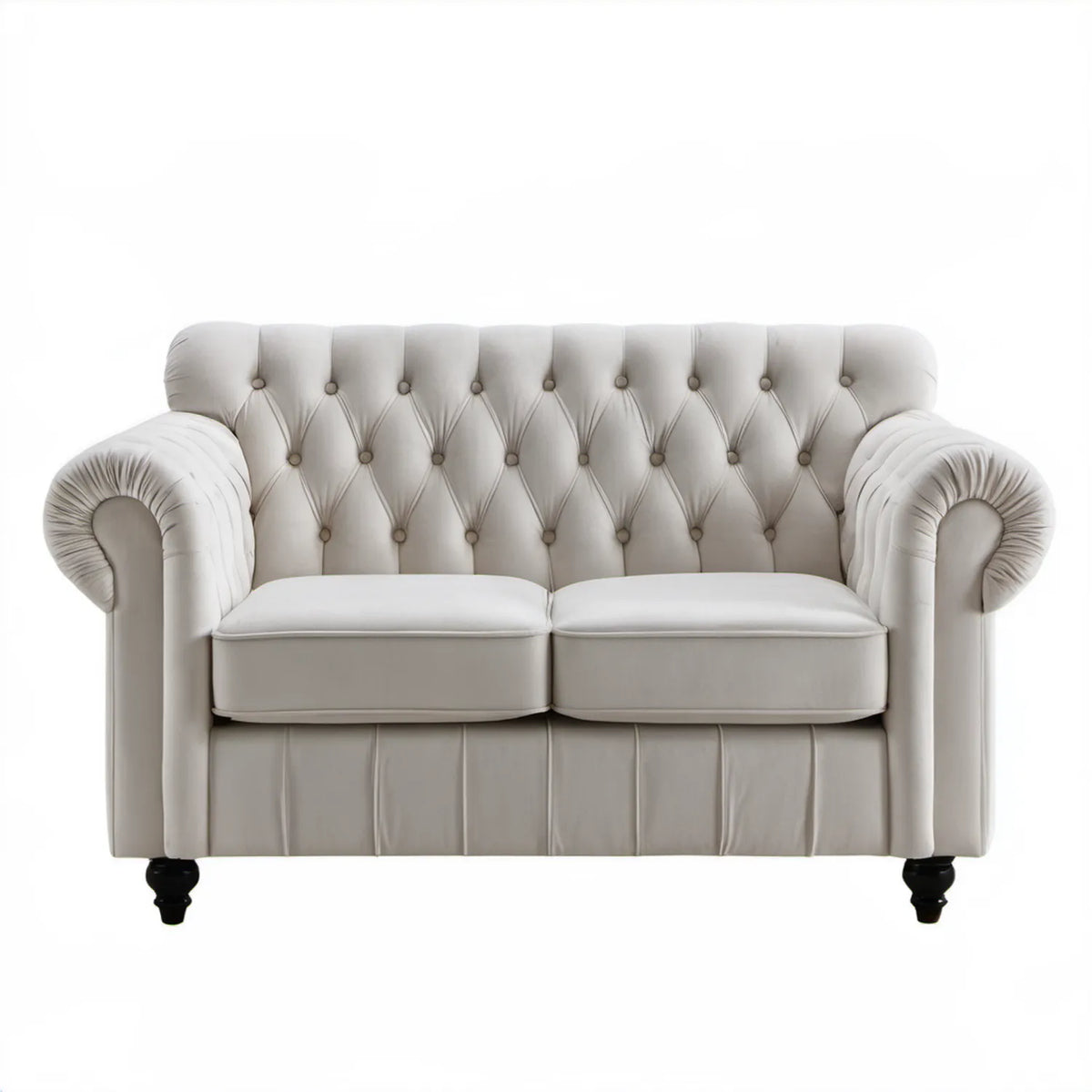 Dwuosobowa sofa Chesterfield z weluru poliestrowego kremowa z czarnymi nóżkami, 170 x 90 x 105 cm