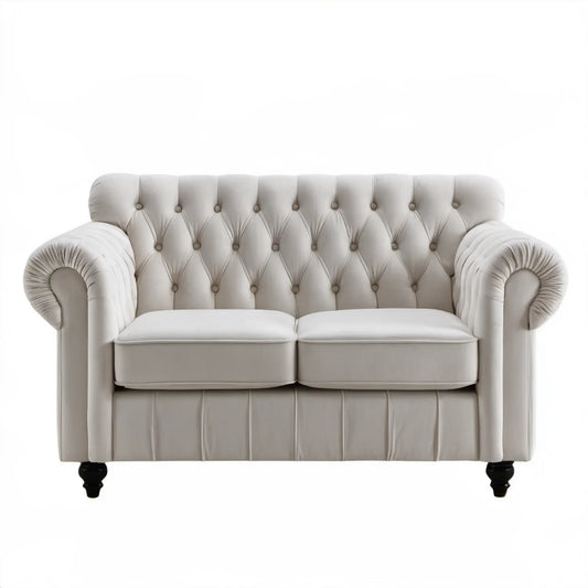 Dwuosobowa sofa Chesterfield z weluru poliestrowego kremowa z czarnymi nóżkami, 170 x 90 x 105 cm