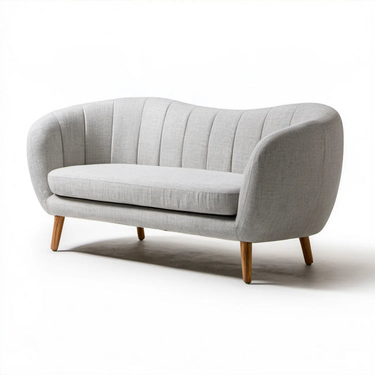 Owalna sofa dwuosobowa jasnoszara z drewnianymi nogami, 150 x 78 x 82 cm