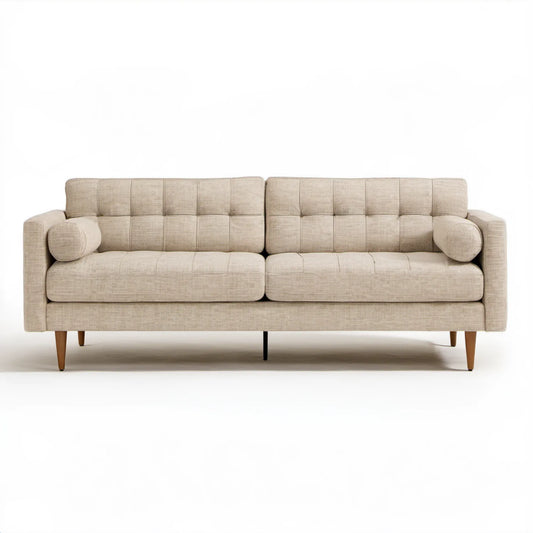 Beżowa sofa trzyosobowa z tkaniny poliestrowej, 220 x 90 x 85 cm