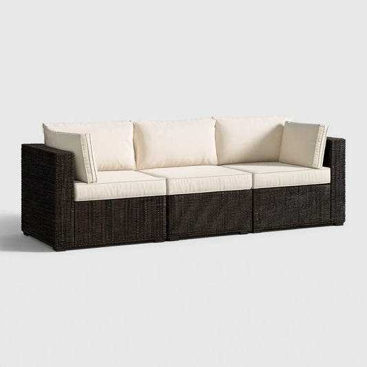 Trzyosobowa sofa ogrodowa z technorattanu PE, czarno-kremowa, 210 × 75 × 65 cm